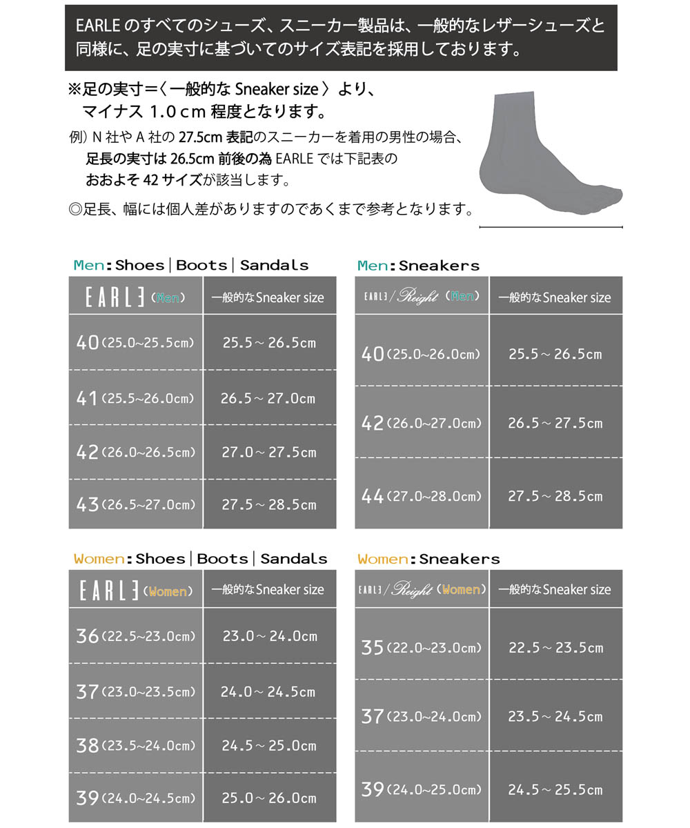 EARLEの靴のサイズの参考